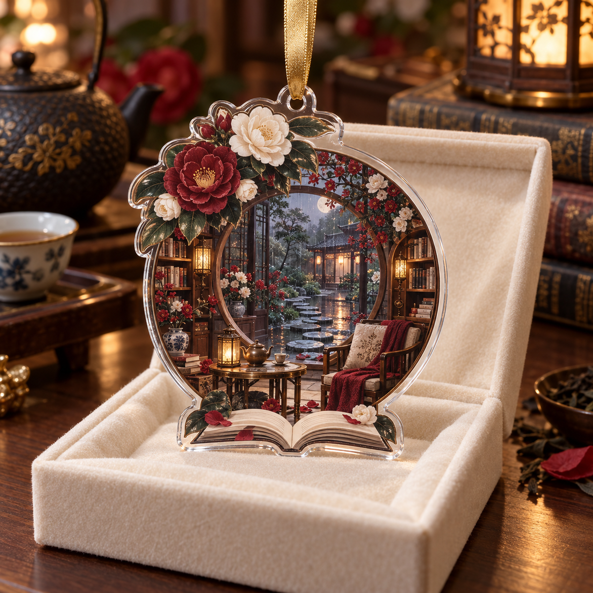 One christmas ornament with an original Camellia Moonwindow Reading Conservatory, tea garden, books and rainlit depth.