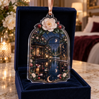 One christmas ornament with an original Camellia Nocturne Glasshouse, monumental flowers, rose-gold arches and moonlit reflecting depth.