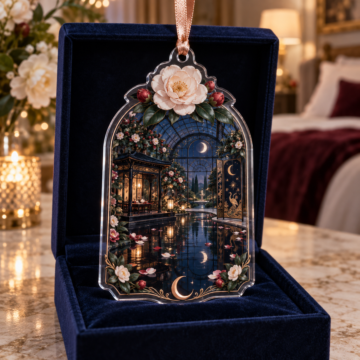 One christmas ornament with an original Camellia Nocturne Glasshouse, monumental flowers, rose-gold arches and moonlit reflecting depth.