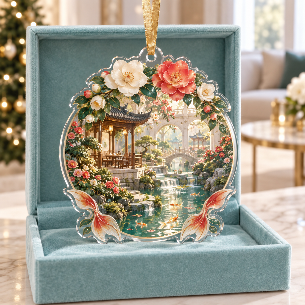 One christmas ornament with an original Camellia Jade Cascade Salon, monumental flowers, jade fan screens and luminous garden depth.