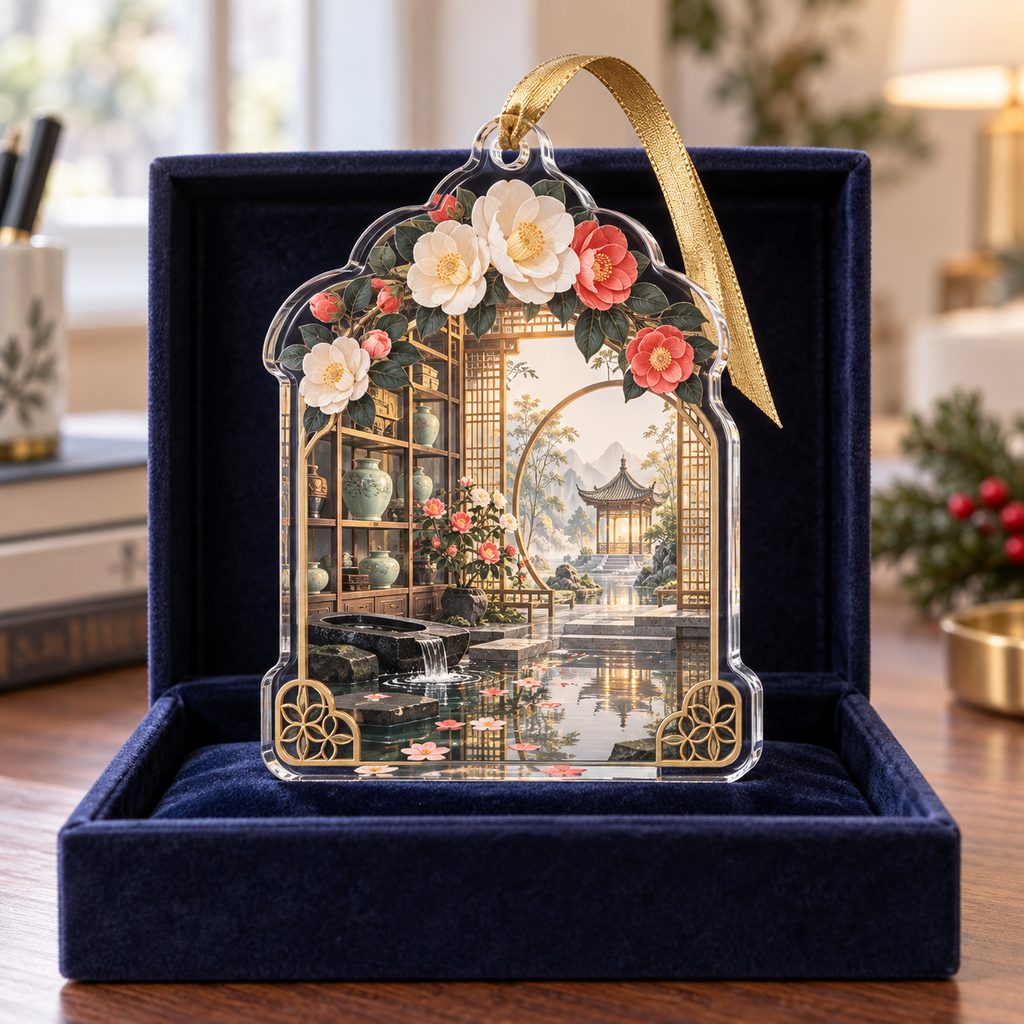 One christmas ornament with an original Camellia Scholar Window Atrium, monumental flowers, ink-indigo windows and luminous garden depth.