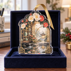 One christmas ornament with an original Camellia Scholar Window Atrium, monumental flowers, ink-indigo windows and luminous garden depth.