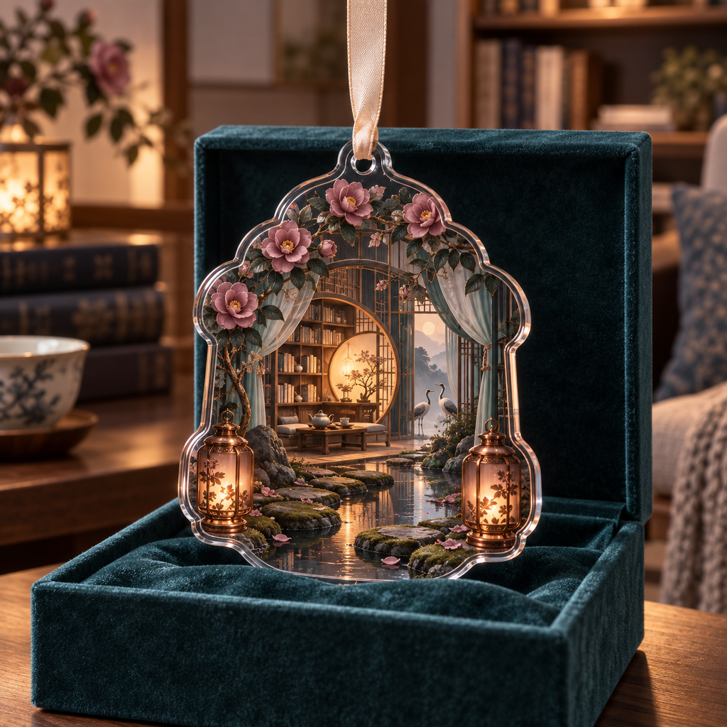 One christmas ornament with an original Camellia Whispering Lantern Nook, layered tea alcove, camellias and luminous quiet-corner depth.