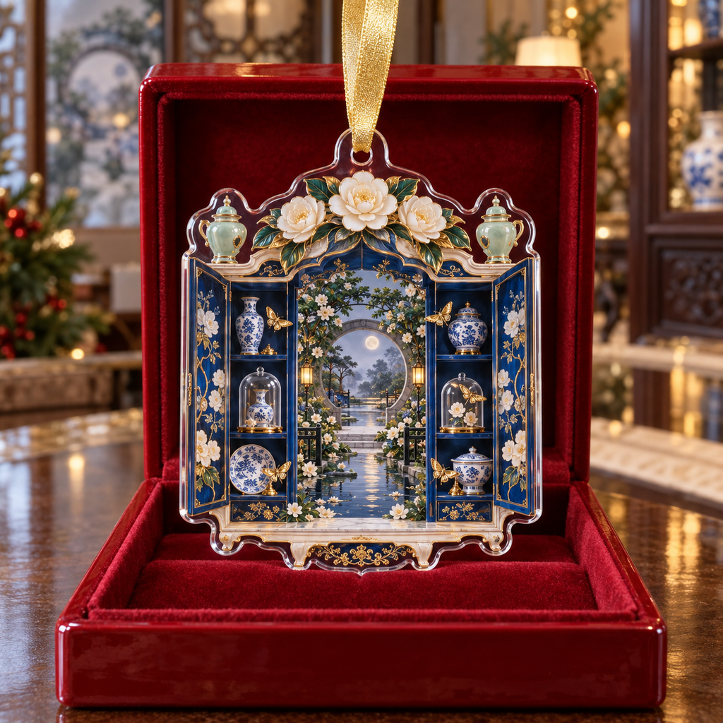 One christmas ornament with an original Camellia Porcelain Cabinet Jubilee, rare tea vessels, glass domes and luminous collector-garden depth.