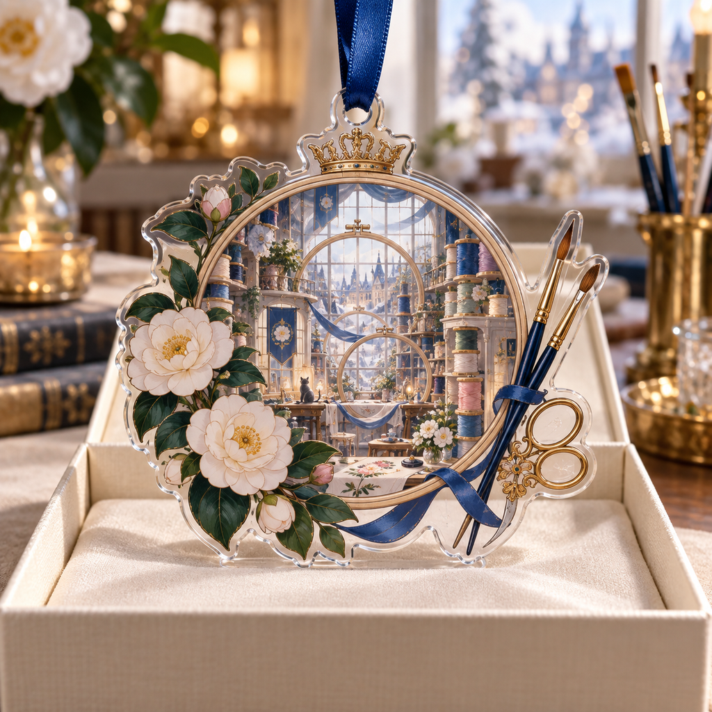 One christmas ornament with an original Camellia Maker Atelier Atrium, maker tools, camellias and luminous studio depth.