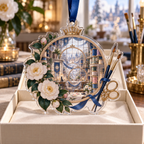 One christmas ornament with an original Camellia Maker Atelier Atrium, maker tools, camellias and luminous studio depth.