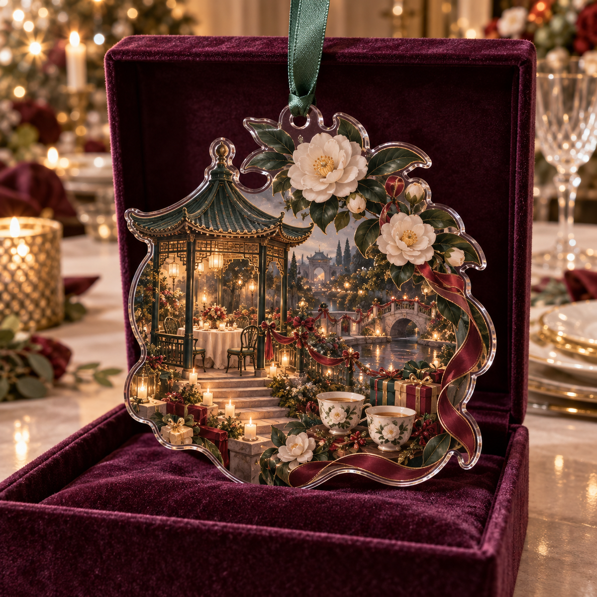 One christmas ornament with an original Camellia Gracious Supper Pavilion, candlelit tea terraces, gifts and deep garden perspective.