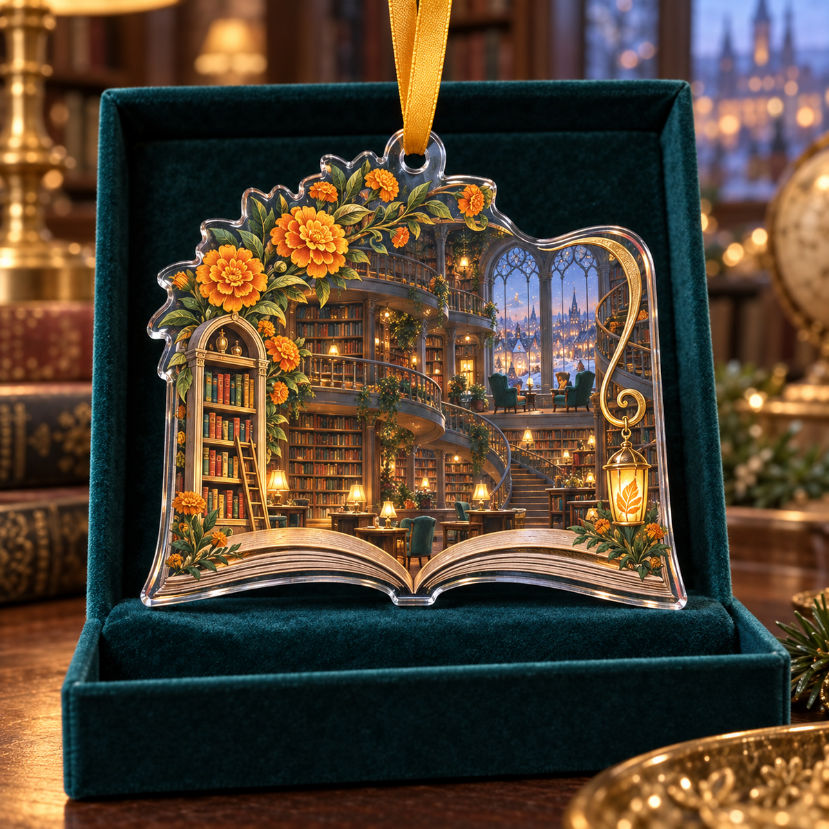 One christmas ornament with an original Marigold Lanternleaf Library, open-book portals, spiral stacks and deep reading-nook perspective.