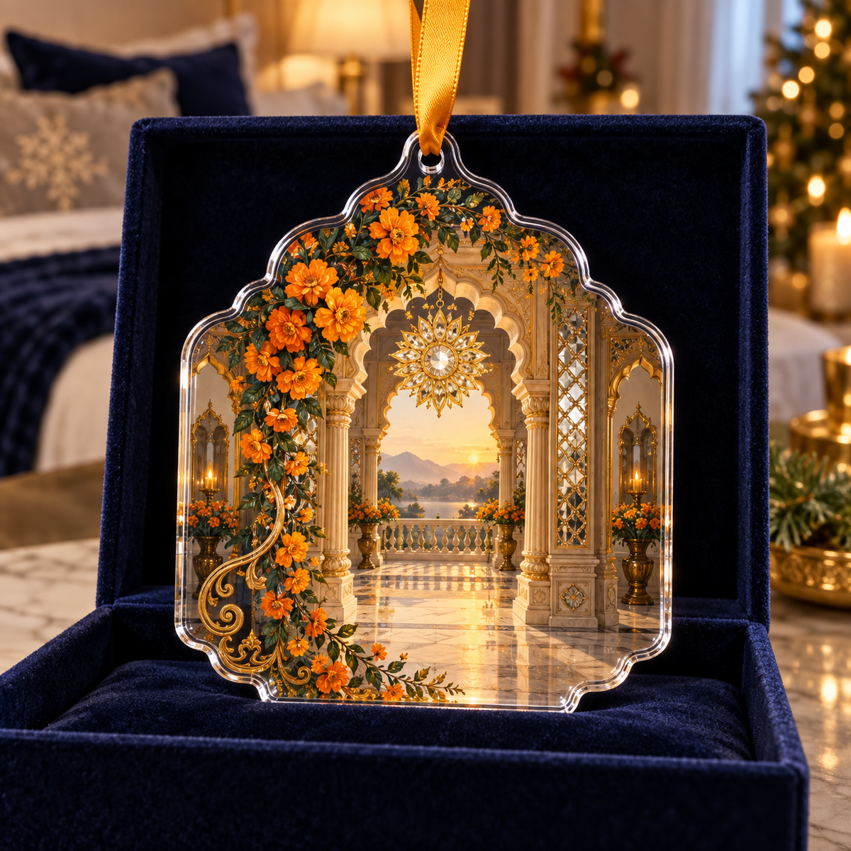 One christmas ornament with an original Marigold Sunvault Canopy, sunburst medallions, mirrored niches and deep balcony perspective.