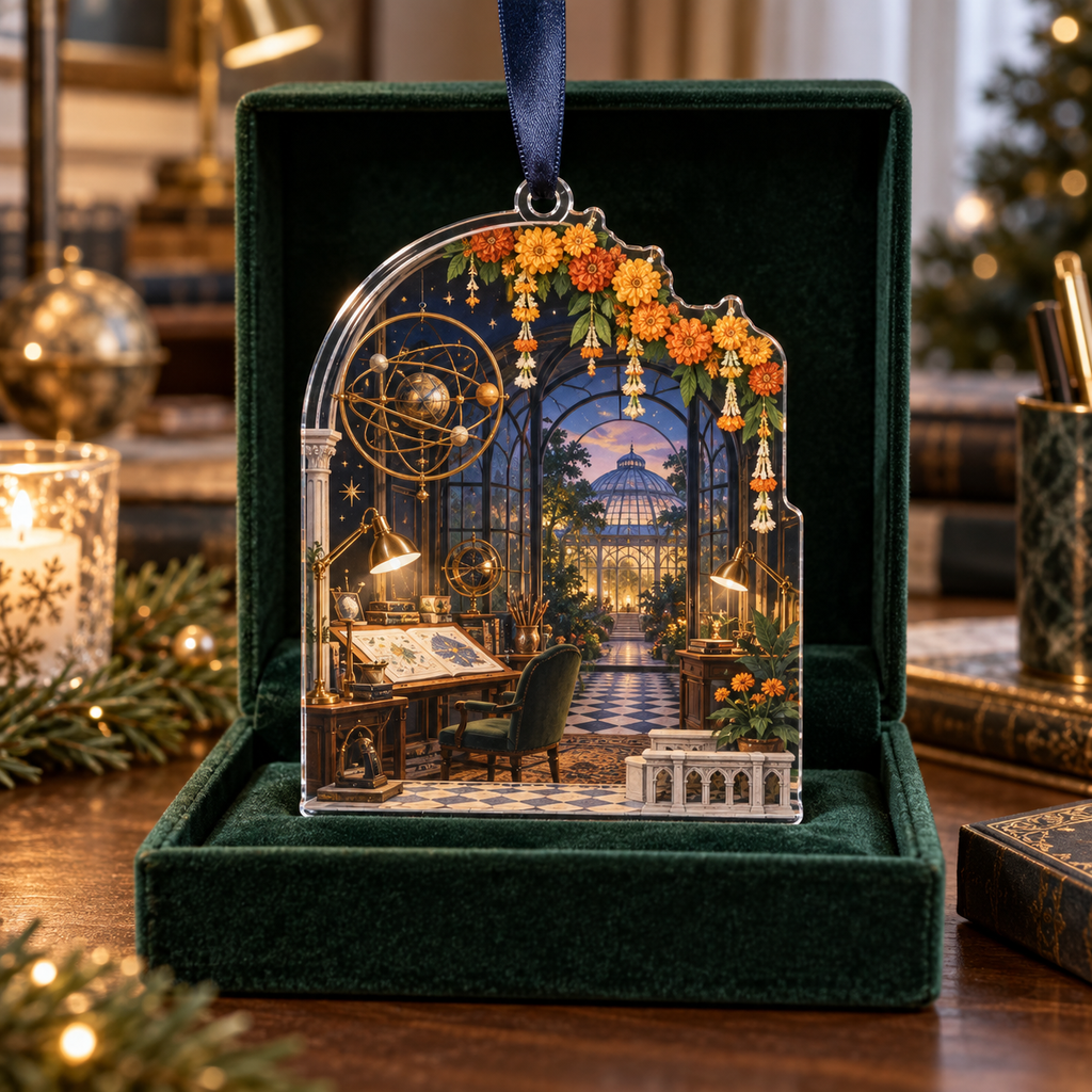 One christmas ornament with an original Marigold Meridian Studio, brass orreries, architectural models and deep conservatory perspective.