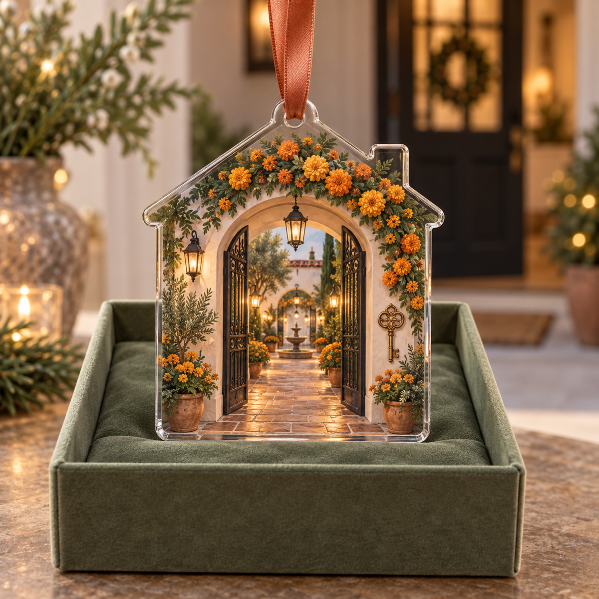 One christmas ornament with an original Marigold Hearthkey Courtyard, marigold garlands, garden gates and lantern-lit depth.