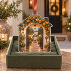 One christmas ornament with an original Marigold Hearthkey Courtyard, marigold garlands, garden gates and lantern-lit depth.