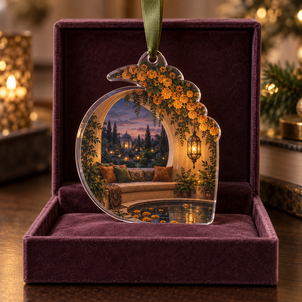 One christmas ornament with an original Marigold Hushlight Alcove, bronze lanterns, reflecting pools and twilight-garden depth.