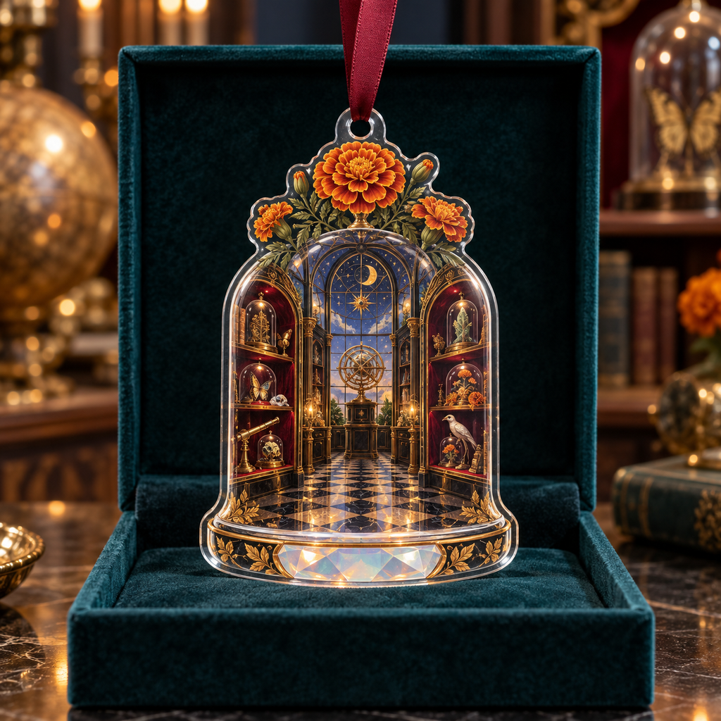 One christmas ornament with an original Marigold Gilded Curio Jubilee, bell jars, brass astrolabes and jewel-lit gallery depth.