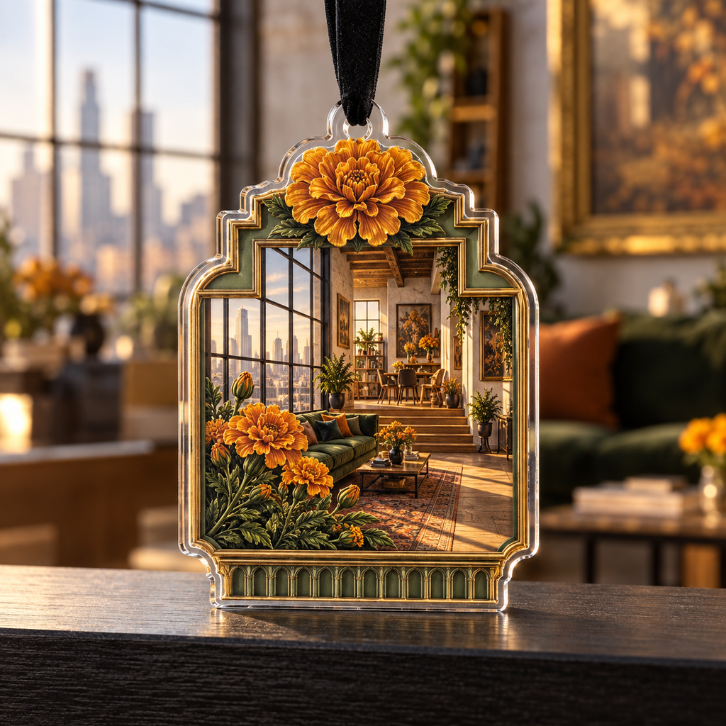 One christmas ornament with an original Marigold Velvet Frame Loft, botanical salon frames and sunlit apartment-gallery depth.