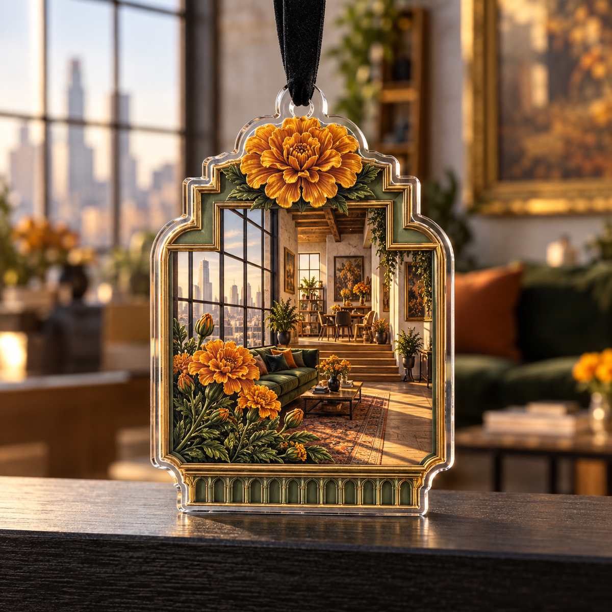 One christmas ornament with an original Marigold Velvet Frame Loft, botanical salon frames and sunlit apartment-gallery depth.