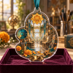 One christmas ornament with an original Marigold Prismcraft Atelier, maker tools and luminous studio depth.