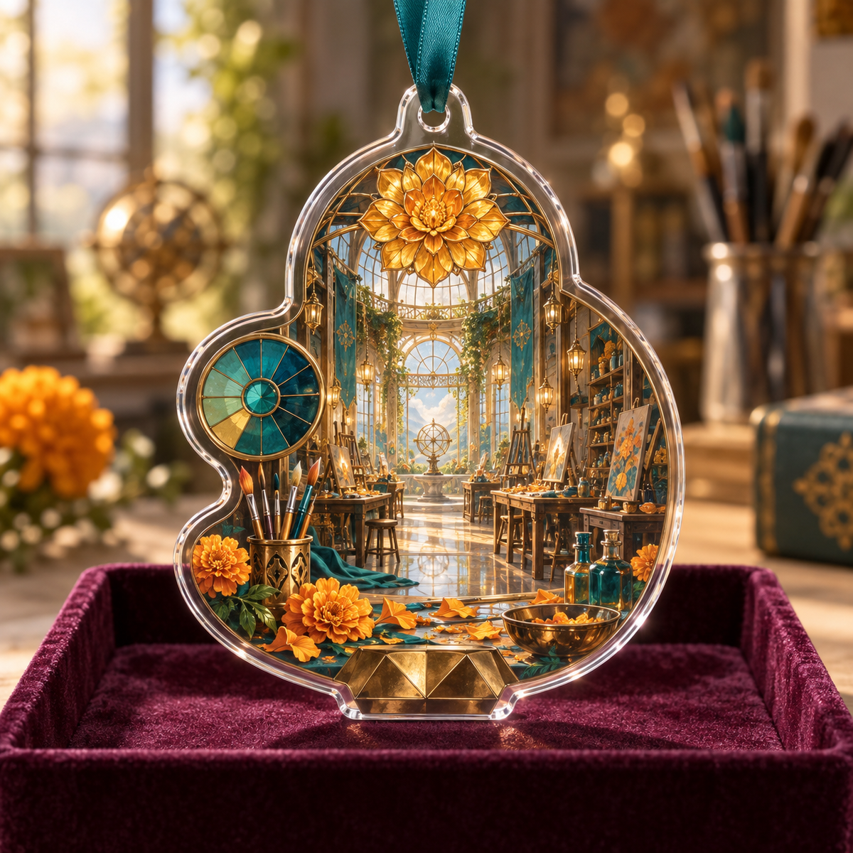 One christmas ornament with an original Marigold Prismcraft Atelier, maker tools and luminous studio depth.