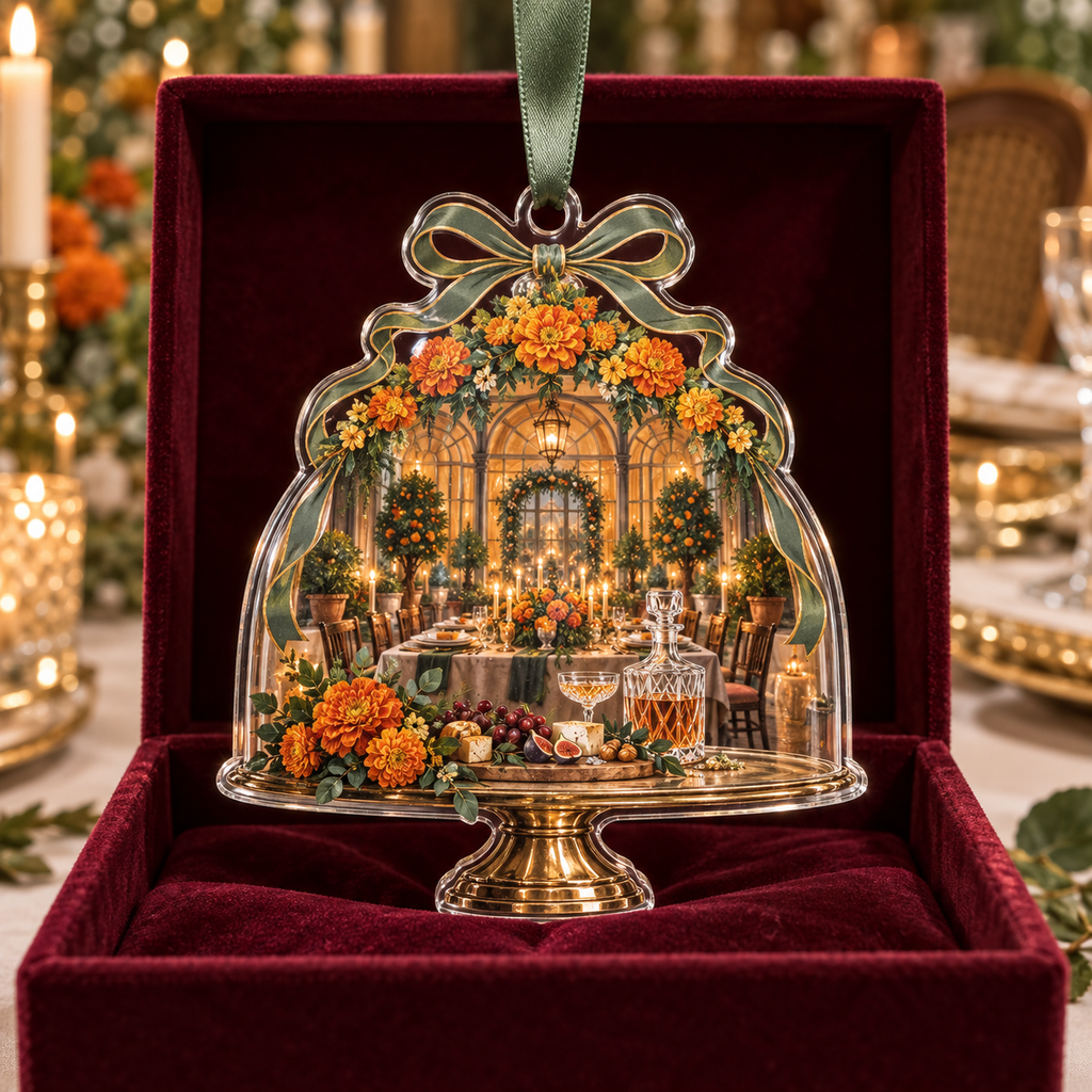 One christmas ornament with an original Marigold Ribboned Supper Pavilion, host tablescape and glowing orangerie depth.