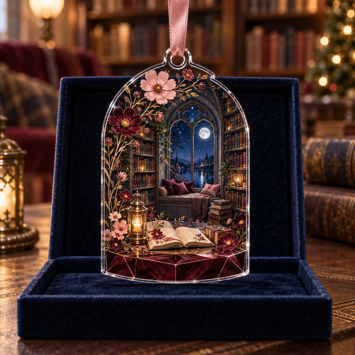One christmas ornament with an original Cosmos Starleaf Reading Arcade, moonlit bookshelves and layered floral depth.
