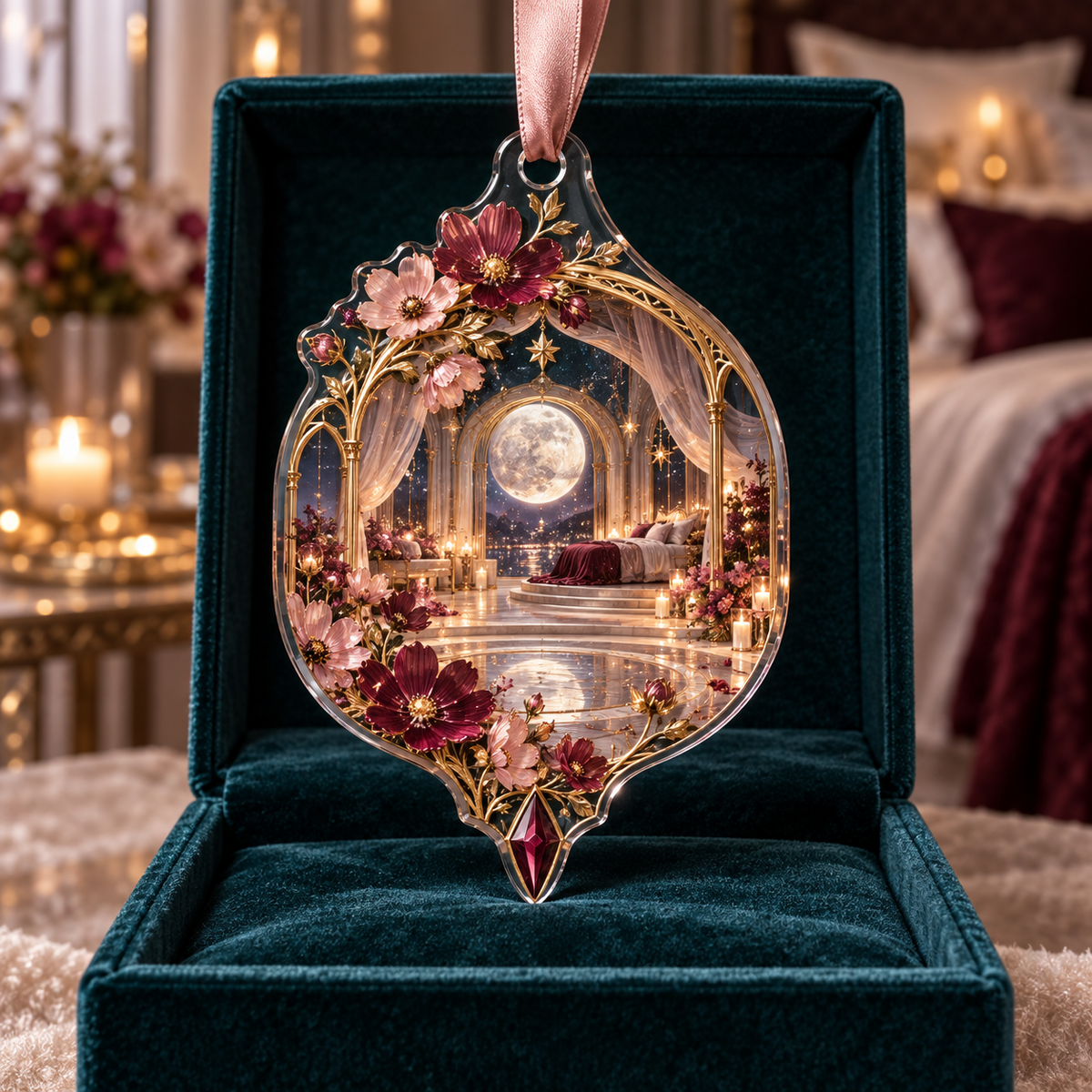 One christmas ornament with an original Cosmos Gilded Mooncanopy Salon, layered flowers and luminous architectural depth.