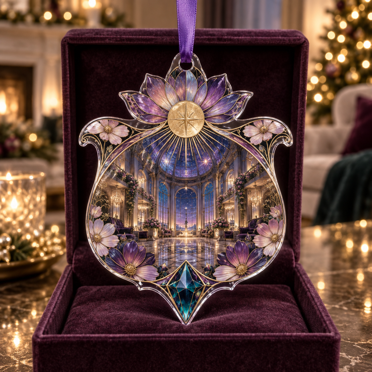 One christmas ornament with an original Cosmos Prismglass Grand Salon, layered flowers and luminous architectural depth.