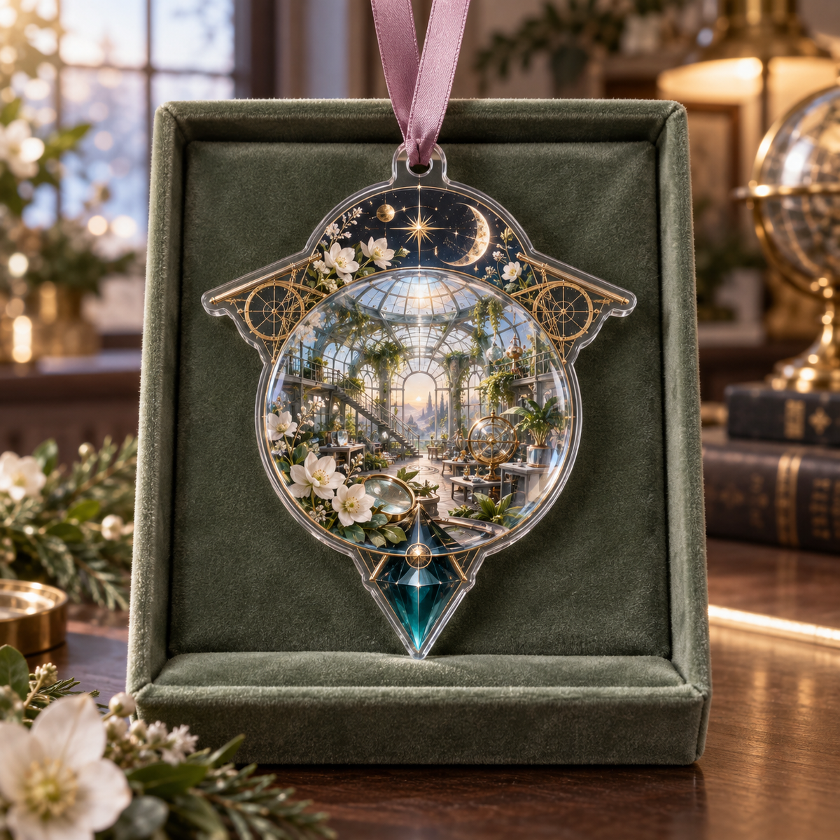 One christmas ornament with an original Cosmos Lenslight Workroom, layered flowers and luminous botanical-studio depth.