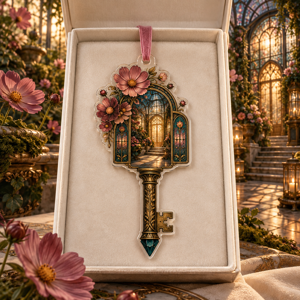 One christmas ornament with an original Cosmos Hearthkey Conservatory, layered flowers and luminous botanical-studio depth.