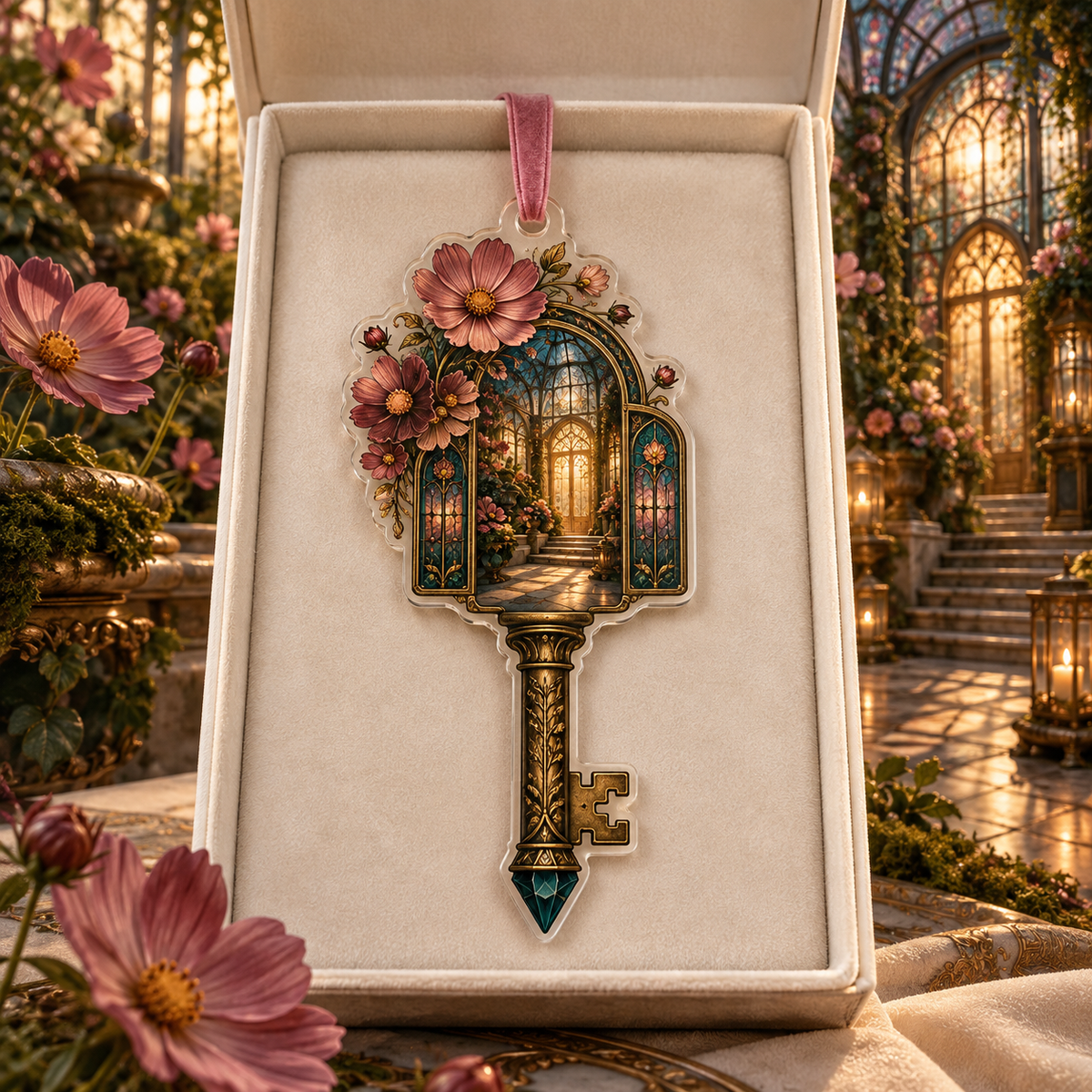 One christmas ornament with an original Cosmos Hearthkey Conservatory, layered flowers and luminous botanical-studio depth.