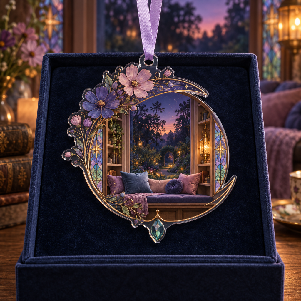 One christmas ornament with an original Cosmos Sunhush Window Nook, layered flowers and luminous botanical-studio depth.