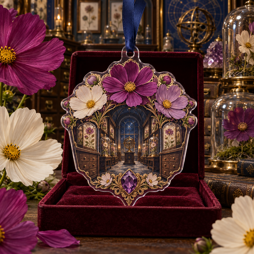 One christmas ornament with an original Cosmos Curator Birthday Reliquary, specimen flowers and luminous collector-gallery depth.