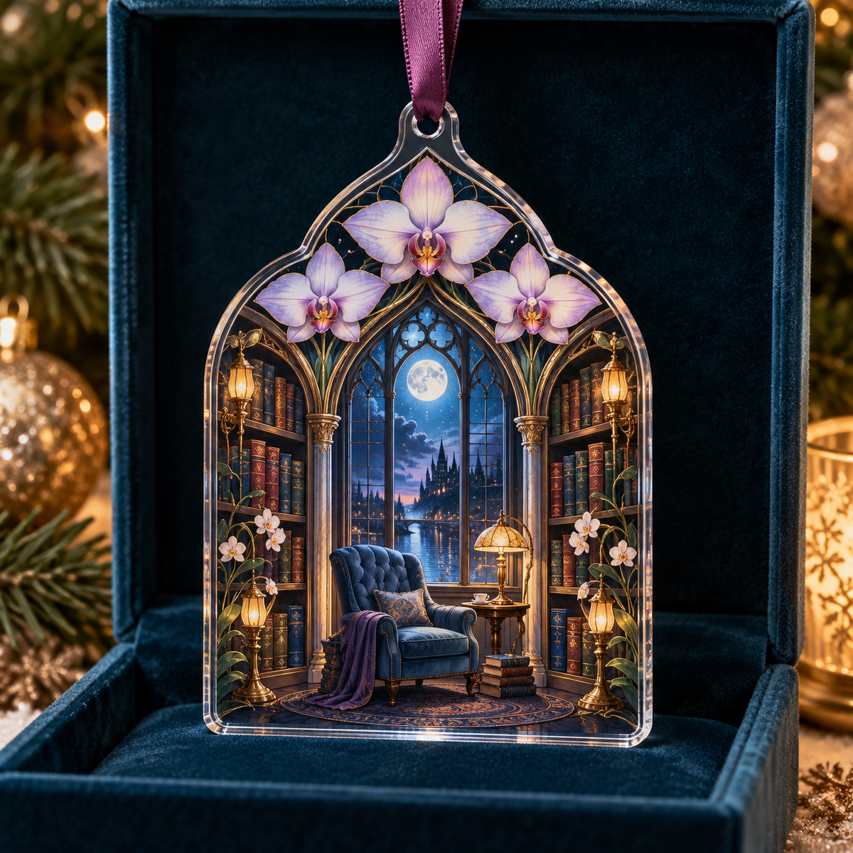 One christmas ornament with an original Orchid Moonlamp Bibliotheca Nook and deep literary moonlight.