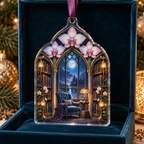 One christmas ornament with an original Orchid Moonlamp Bibliotheca Nook and deep literary moonlight.