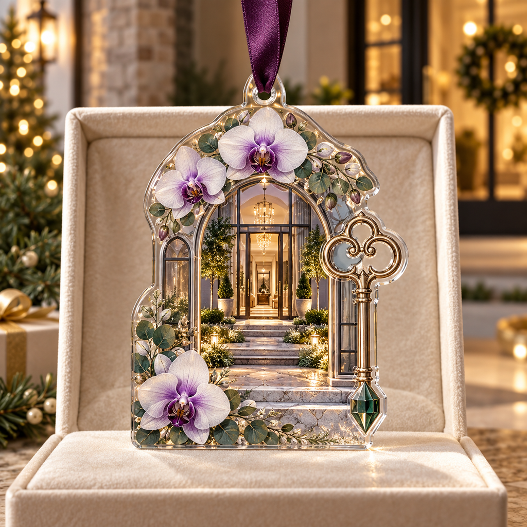 One christmas ornament with an original Orchid Welcomeglass Atrium, layered flowers and luminous new-home depth.