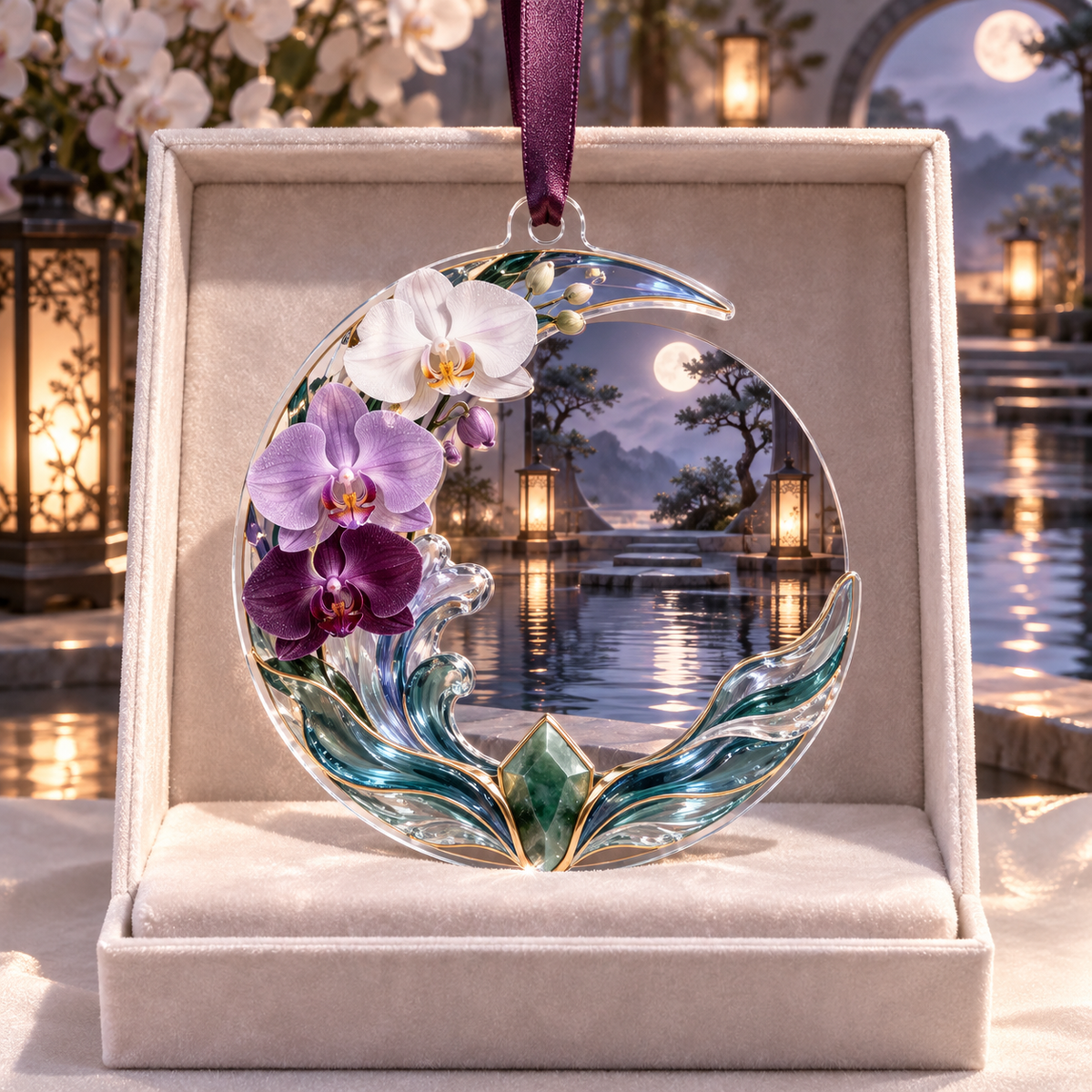 One christmas ornament with an original Orchid Stillwater Moonlit Alcove and serene optical depth.