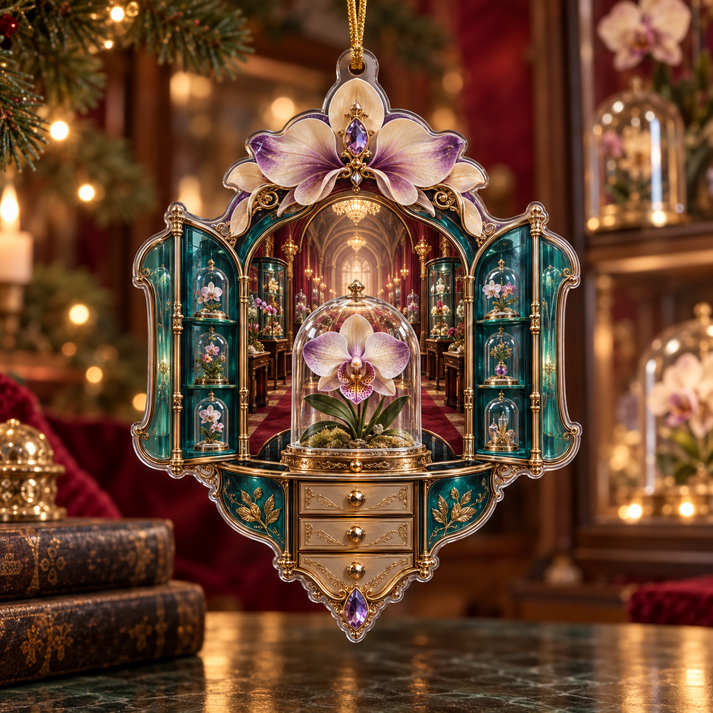 One christmas ornament with an original Orchid Curator Crystal Cabinet and deep collector-gallery illusion.