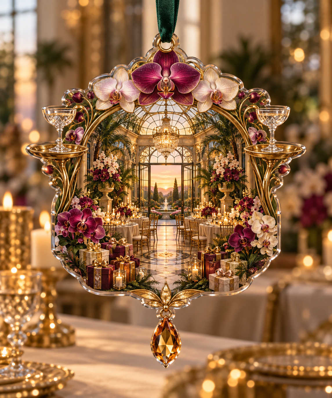 One christmas ornament with an original Orchid Gilded Hospitality Pavilion and deep host-gift illusion.