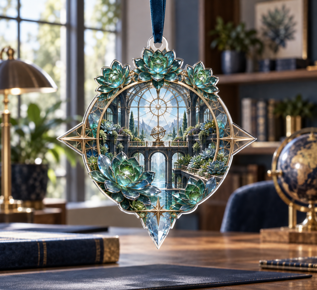 One christmas ornament with an original Succulent Meridian Glasswork Study and deep biophilic illusion.