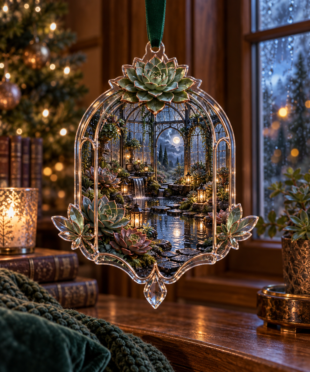 One christmas ornament with an original Succulent Hushglass Raincourt and deep biophilic illusion.