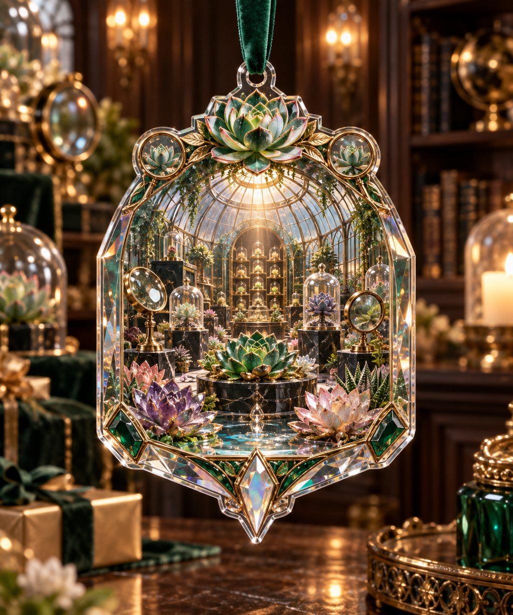 One christmas ornament with an original Succulent Jubilee Gemvault and deep biophilic illusion.
