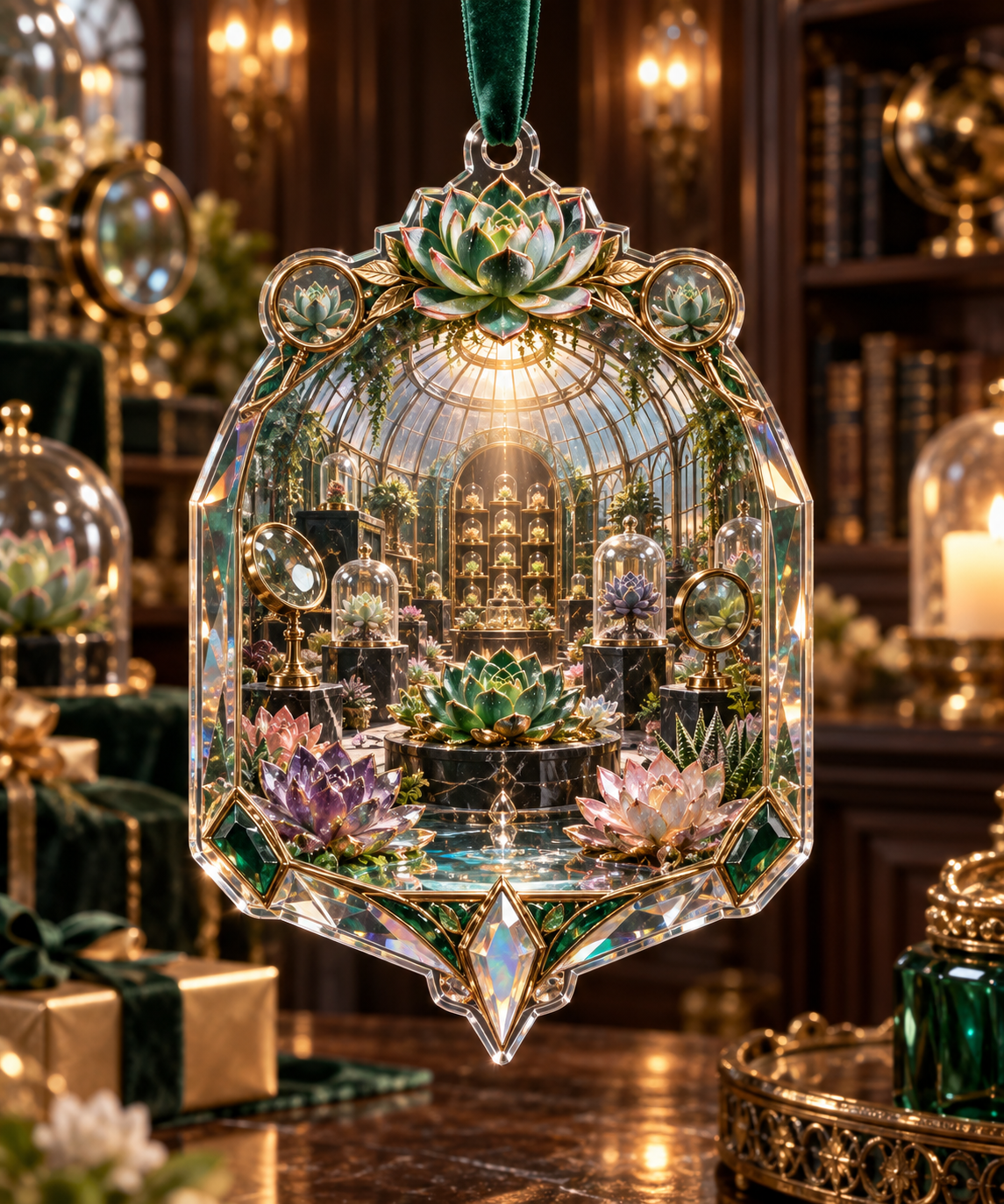 One christmas ornament with an original Succulent Jubilee Gemvault and deep biophilic illusion.