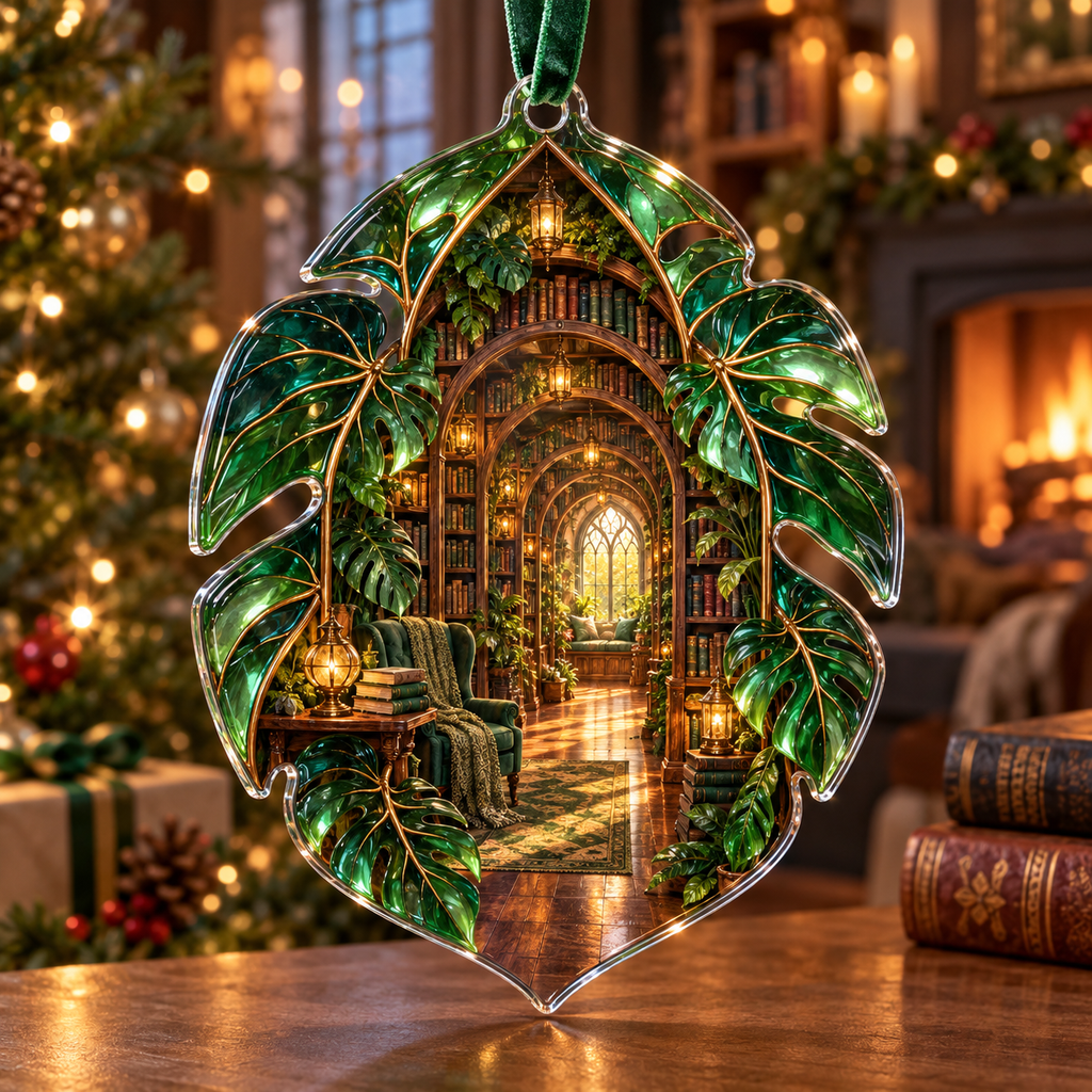 One christmas ornament with an original Monstera Lumenleaf Library Grotto and deep botanical-library illusion.