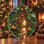 One christmas ornament with an original Monstera Lumenleaf Library Grotto and deep botanical-library illusion.