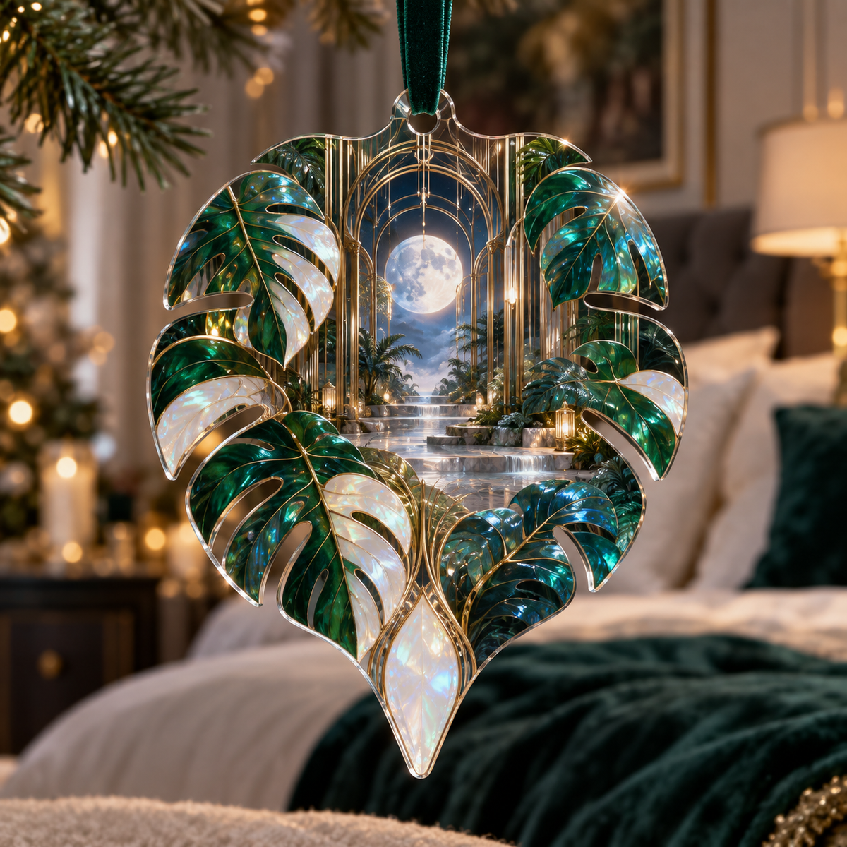 One christmas ornament with an original Monstera Moonvault Opal Canopy and maximum optical depth.