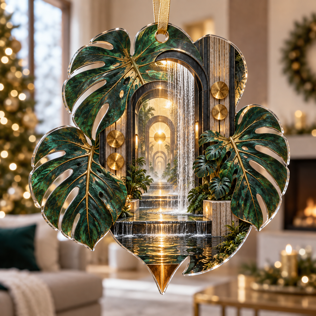 One christmas ornament with an original Monstera Titanleaf Waterwall Salon and maximum optical depth.