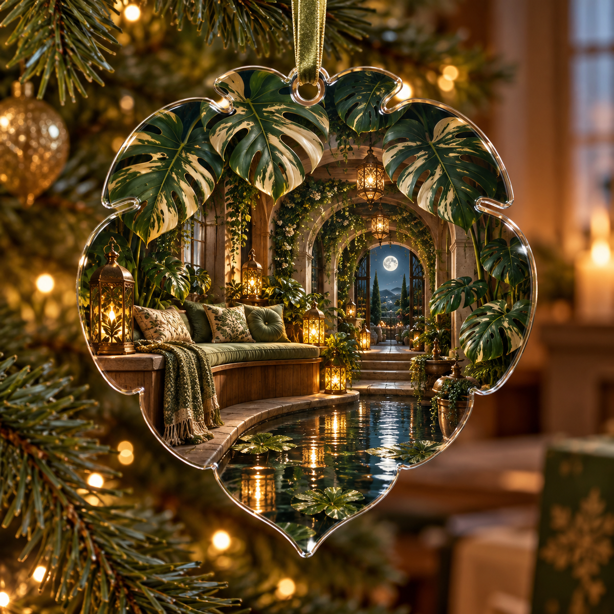 One christmas ornament with an original Monstera Stillwater Lantern Alcove and deep moonlit quiet-corner illusion.