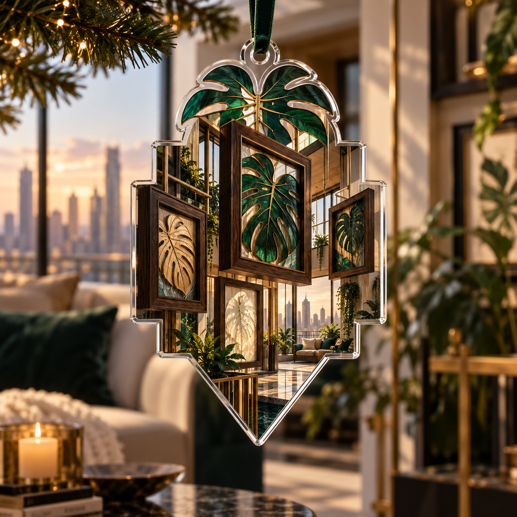 One christmas ornament with an original Monstera Loftline Shadowbox Atrium and deep apartment gallery-wall illusion.
