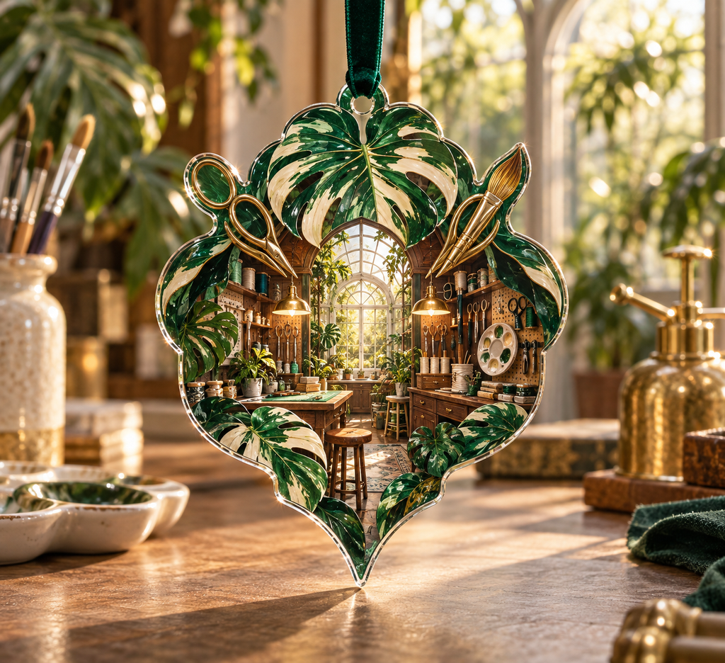 One christmas ornament with an original Monstera Makerlight Atelier and deep hobby-studio illusion.