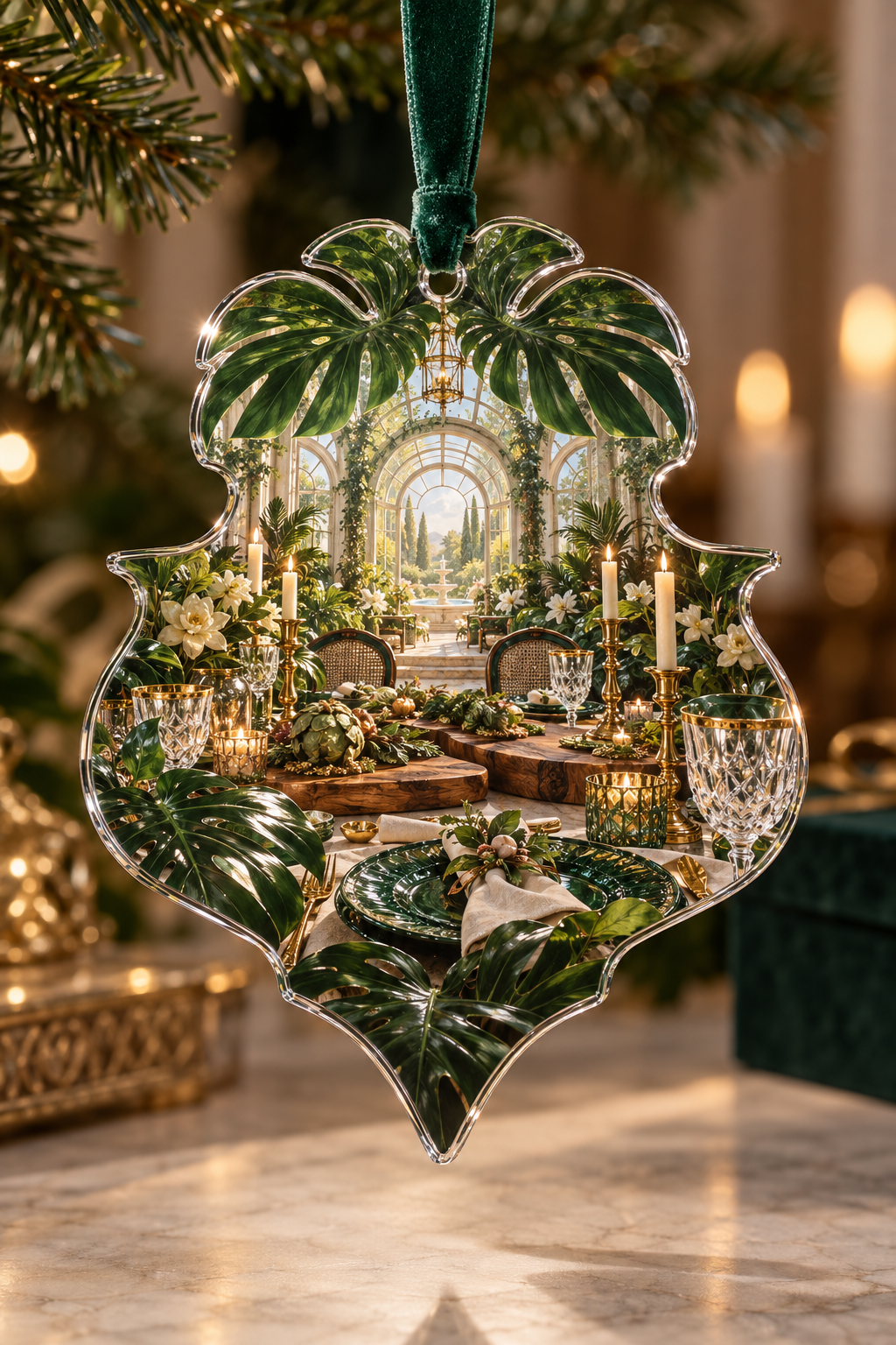 One christmas ornament with an original Monstera Everwelcome Supper Atrium and deep host-gift illusion.