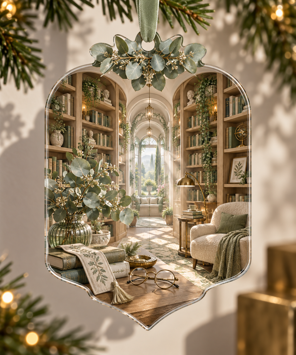 One christmas ornament with an original Eucalyptus Silverleaf Story Alcove and deep reading-nook illusion.